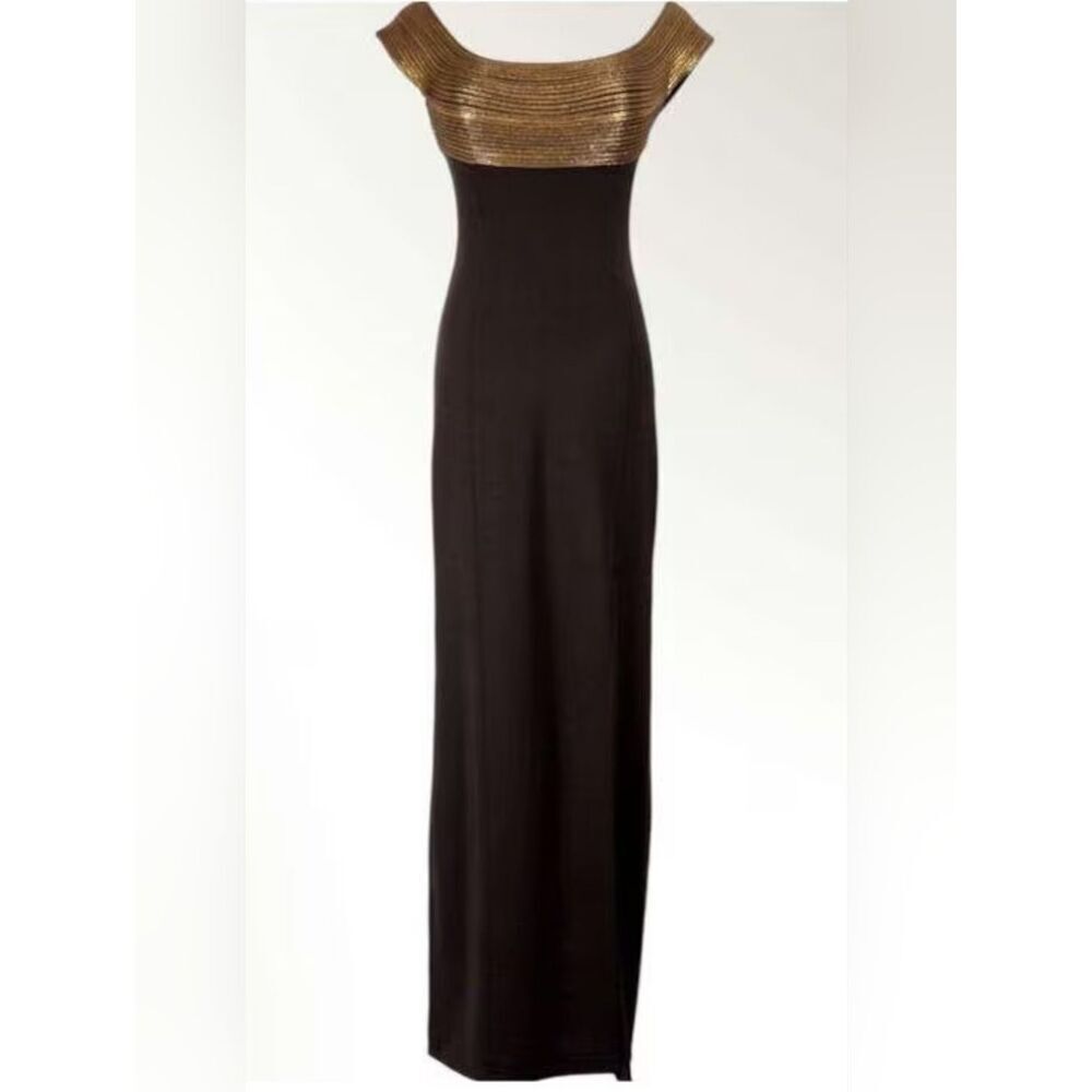 Tadashi Shoji S4 Vintage Black Evening gown Gold neck